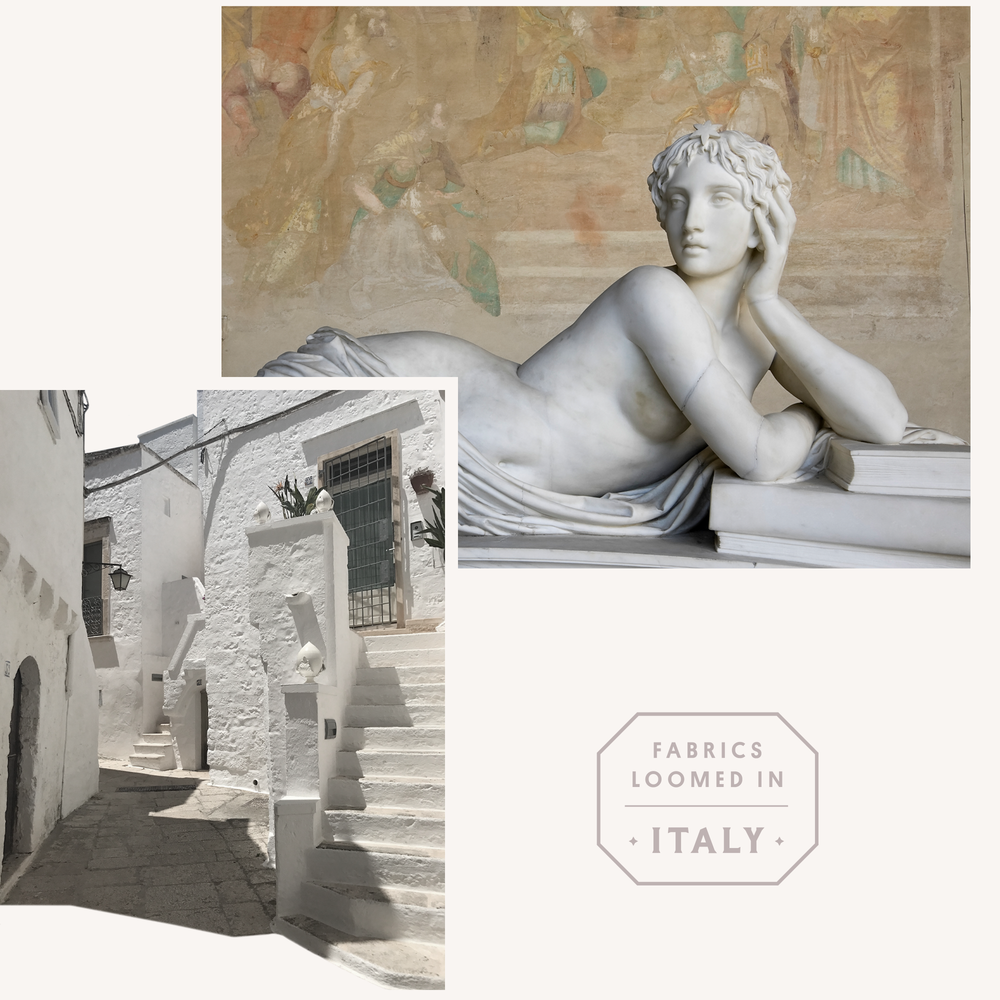 Image collage including a marble statue, a small alley street in Italy, and a brand mark that reads 