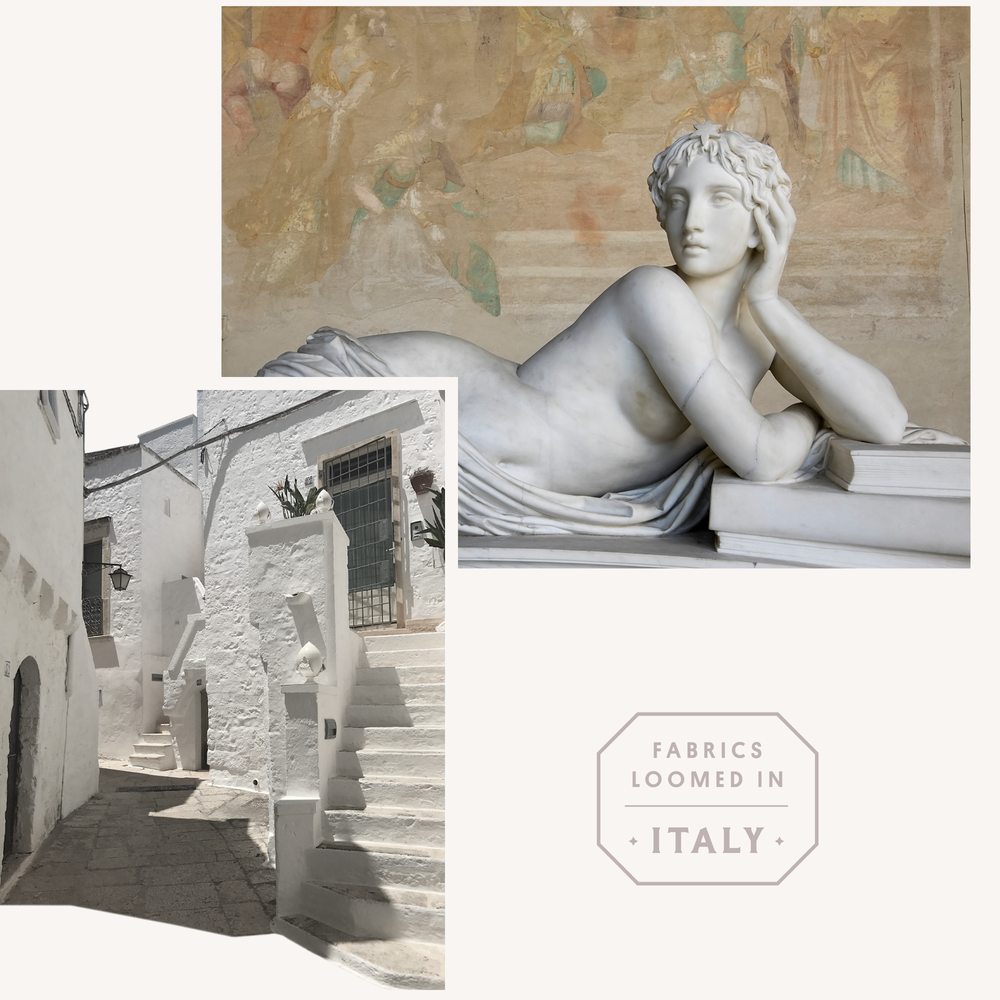 Image collage including a marble statue, a small alley street in Italy, and a brand mark that reads