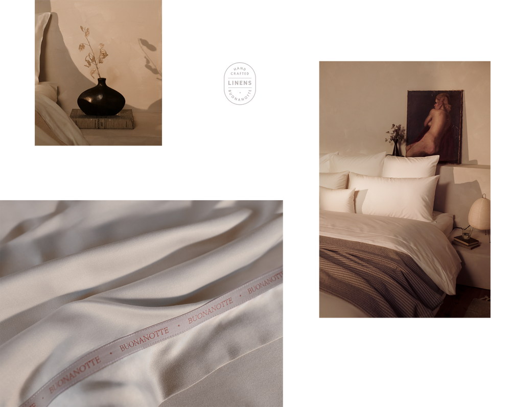 Image collage including a black vase with flowers, detail of pillows on bed, and a sheet with the LETTO Buonanotte ribbon