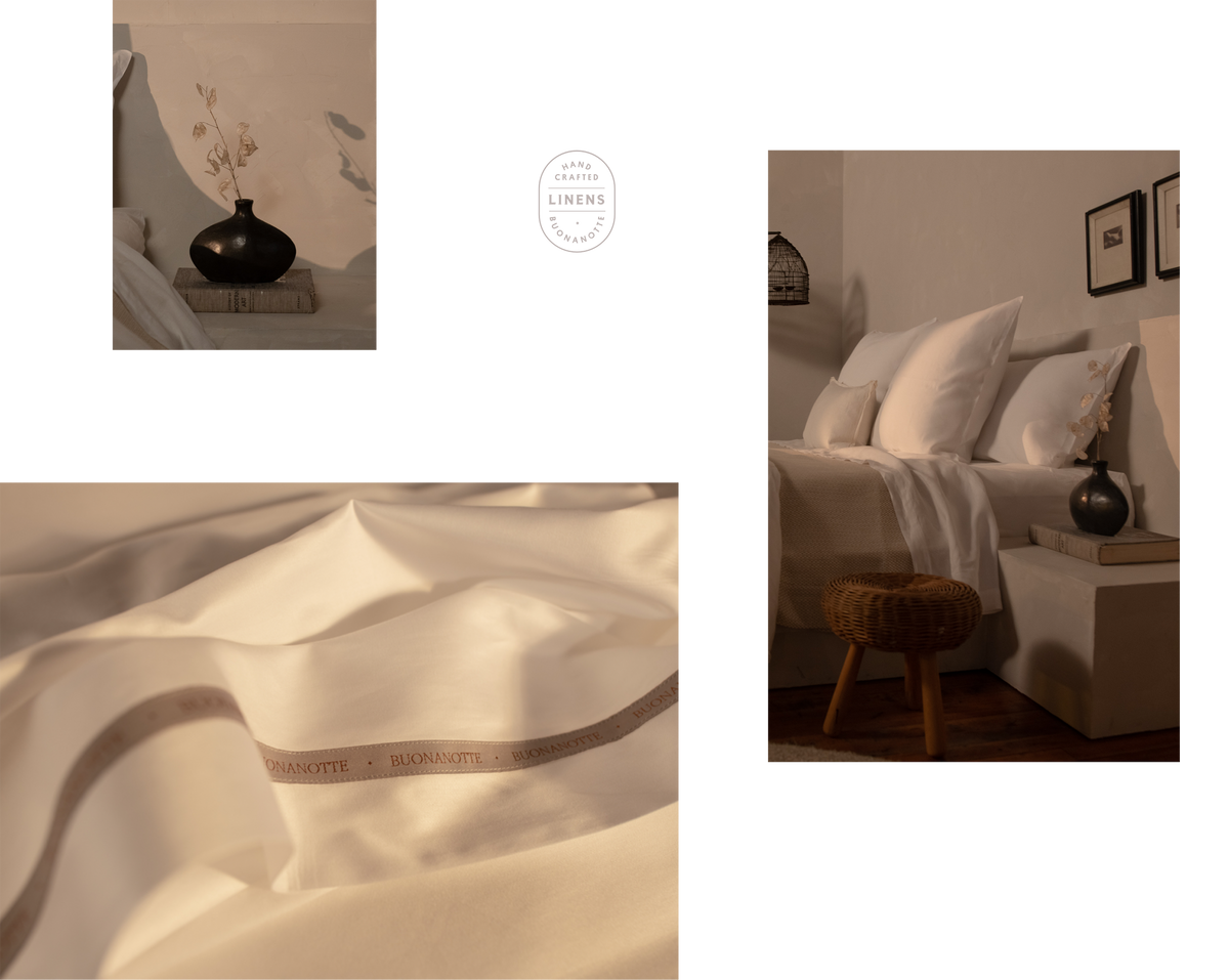 A collage image showing a black vase with flowers, a partial image of pillows on a bed, and a close up image of a LETTO bedsheet with the Buonanotte ribbon. data-image-id=