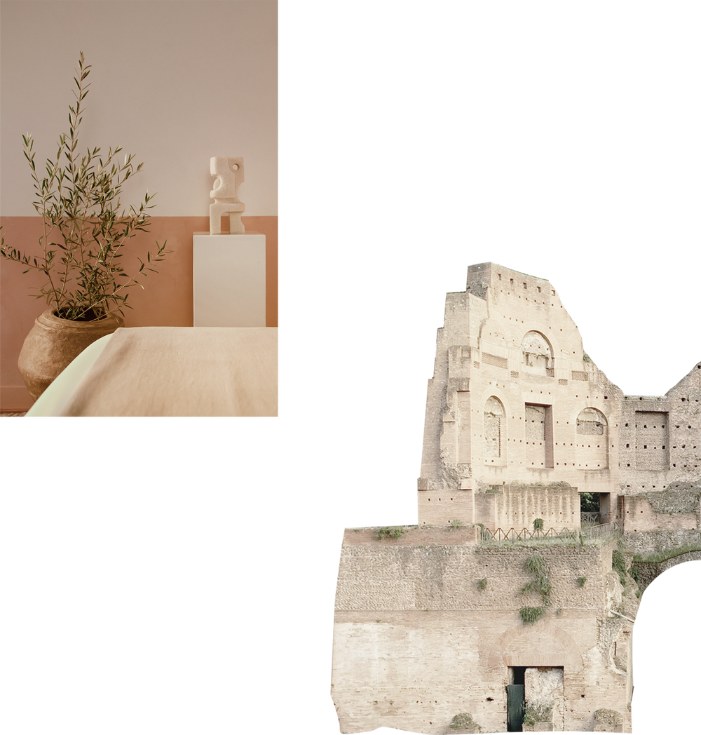 Collage Image of bedroom detail with olive tree in pot and second image of building in Italy built into side of cliff