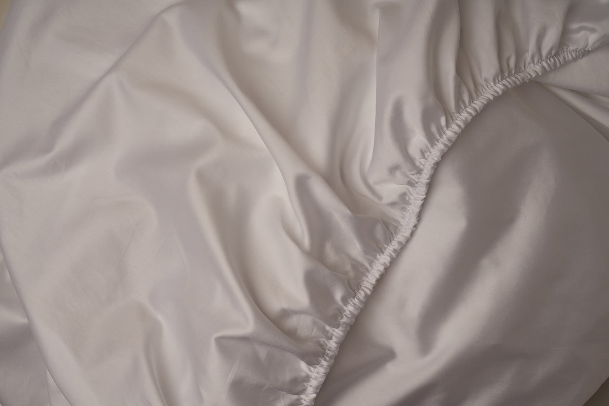 Warm and buttery LETTO Giza Reserve Cotton Sateen fitted sheet in color white, made in Italy. data-image-id=