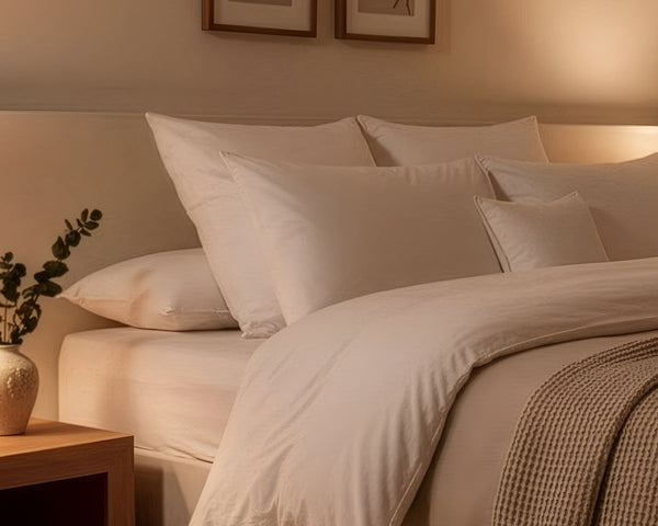 A cozy bedroom features a neatly made bed with LETTO Woodland Percale pillowcases, white bedding, a knit blanket, a wooden nightstand with a vase, and soft warm lighting.