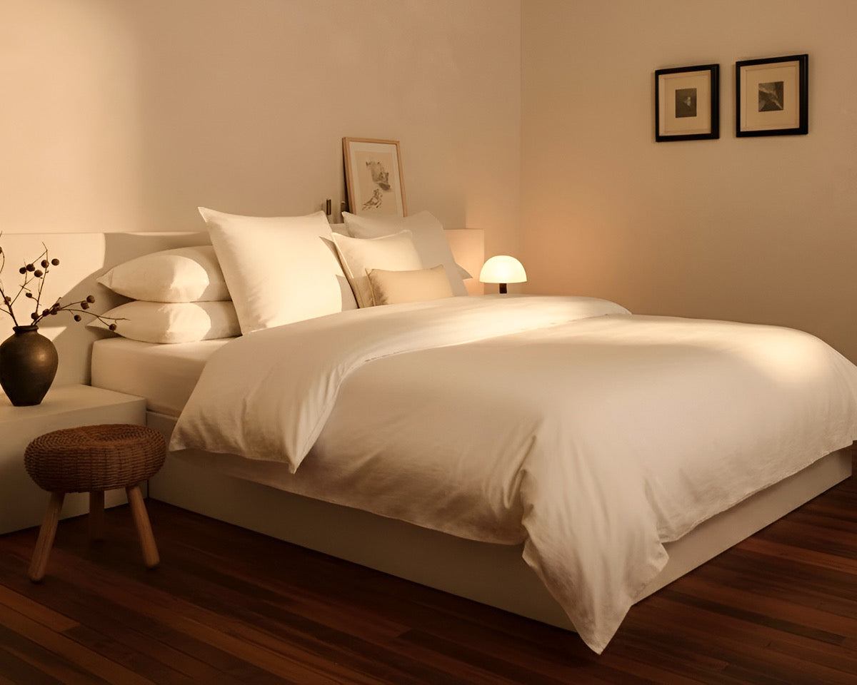 A neatly made bed with LETTO Woodland Percale Pillowcases in cool, white percale fabric sits in a warmly lit bedroom with framed art, a lamp-topped nightstand, a small stool, and wooden flooring.